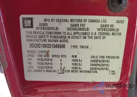 2003 Chevrolet Silverado 1500 Ls из США, поврежденный, VIN 2GCEC19V231349980